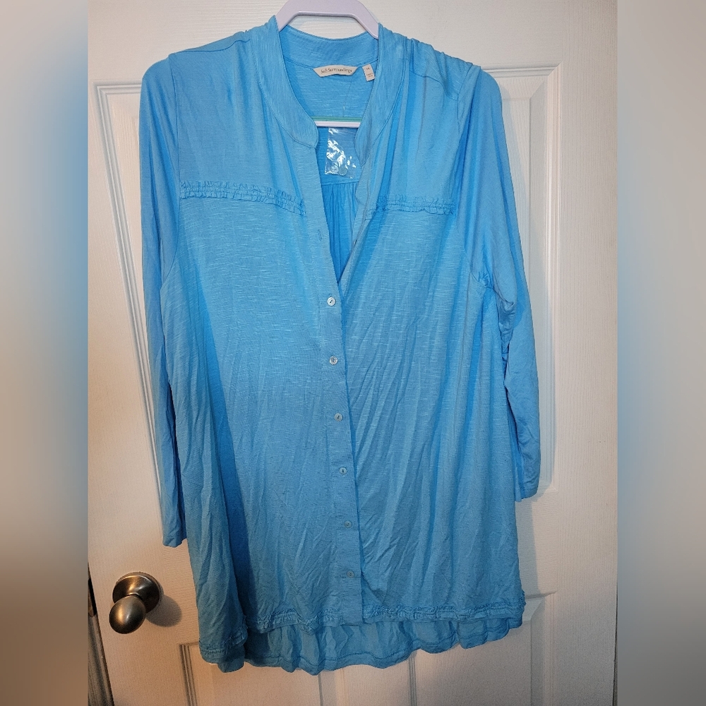 Soft Surroundings Shirt Womens 1x Blue Jersey Knit Ruffle Trim Button Tunic